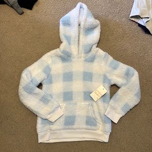 Jumping beans blue and white checked fleece hooded sweatshirt - size 7 girls